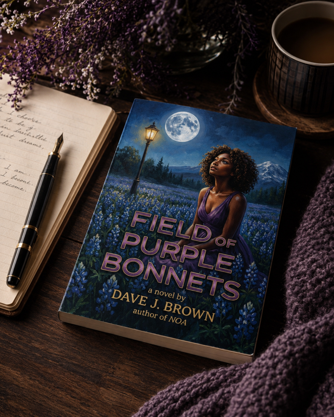 Field of Purple Bonnets on a wooden desk beside a fountain pen and open journal.