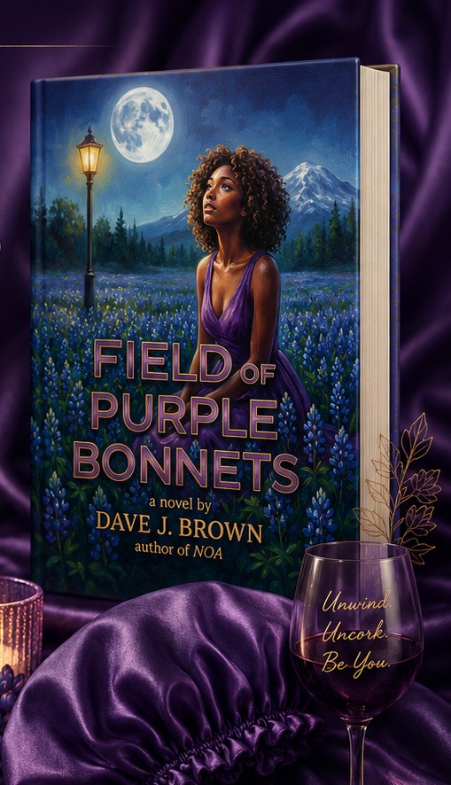 Field of Purple Bonnets propped against purple silk beside a wine glass reading 'Unwind. Uncork. Be You.'