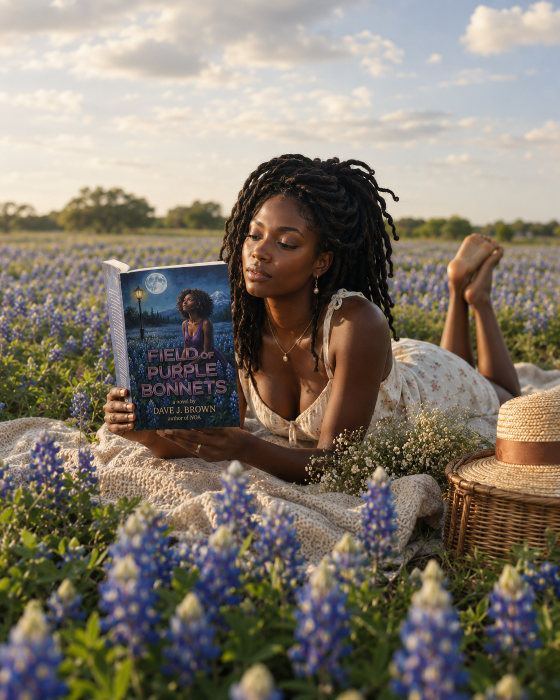 A woman lying in a Texas bluebonnet field reading Field of Purple Bonnets at golden hour.