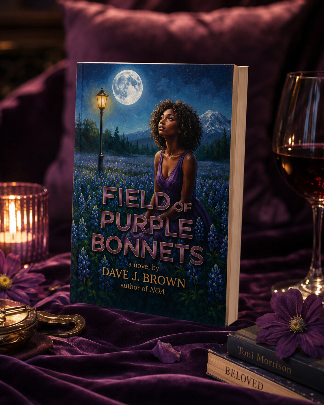 Field of Purple Bonnets standing upright on velvet beside a glass of red wine.
